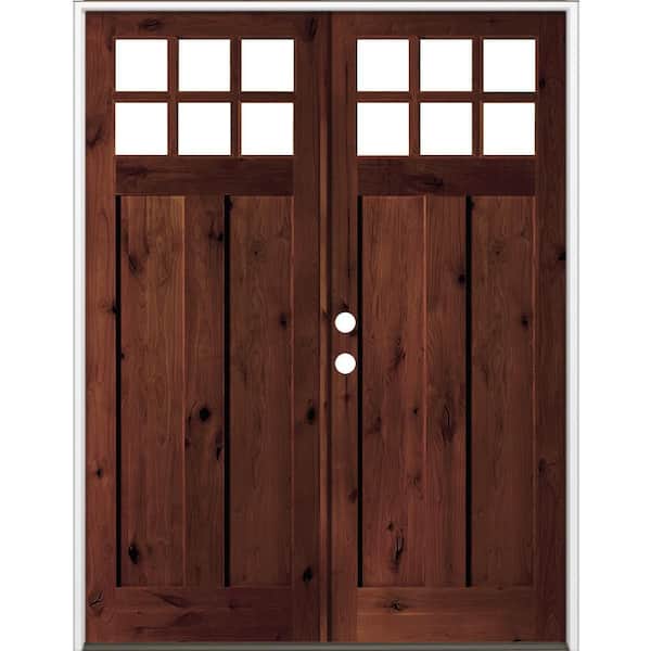 72 in. x 96 in. Knotty Alder Right-Hand/Inswing Double 6-Lite Clear Glass Red Mahogany Stain Wood Prehung Front Door