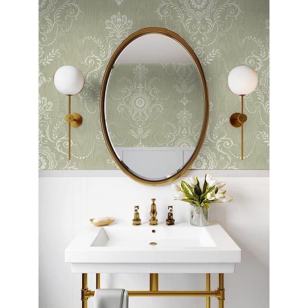 Washed Green Colette Cameo Paper Unpasted Nonwoven Wallpaper Roll 60.75 sq. ft.