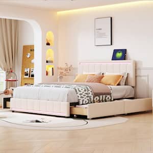 Beige Wood Frame Queen Size Upholstered Platform Bed with 4-Drawer, LED Lights. Adjustable Headboard, Sockets, USB Ports