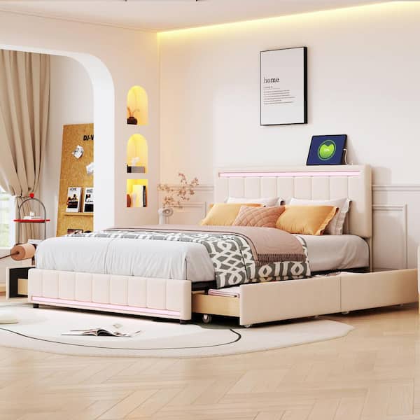 Harper & Bright Designs Beige Wood Frame Queen Size Upholstered Platform Bed with 4-Drawer, LED Lights. Adjustable Headboard, Sockets, USB Ports