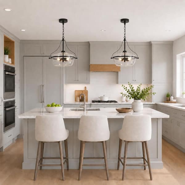 14 in. 3-Light Industrial Black Chandelier Light, Modern Pendant Lights for Kitchen Island, Clear Glass Ceiling Light