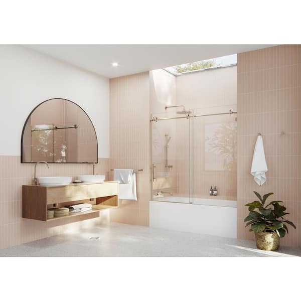Glass Warehouse Eclipse 60 in. W x 60 in. H Sliding Frameless Bathtub Door in Brushed Bronze Finish with Clear Glass