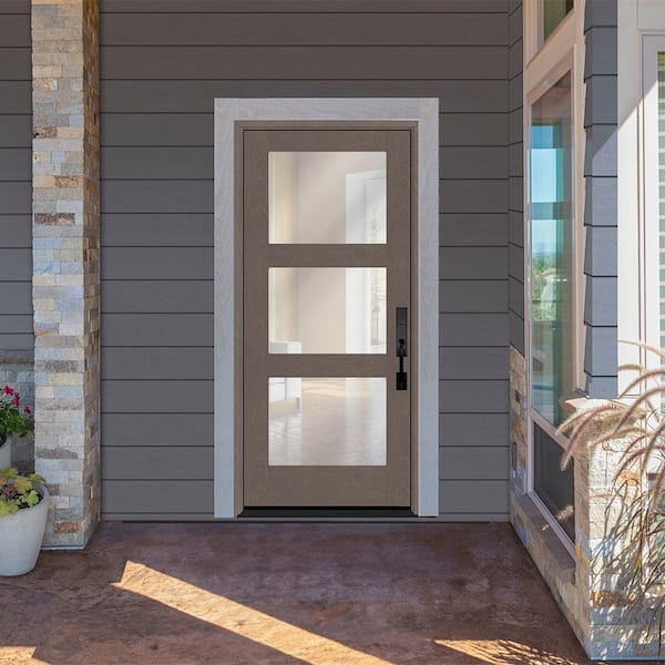 Regency 32 in. x 80 in. Modern 3Lite Equal Clear Glass LHIS Ashwood Stain Mahogany Fiberglass Prehung Front Door
