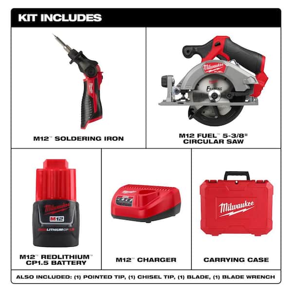 M12 12-Volt Lithium-Ion Cordless Soldering Iron Kit with (1) 1. 5Ah Batteries, Charger, Hard Case, & Circular Saw