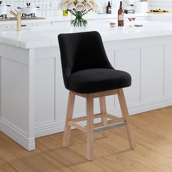 26 in. Stain Resistant Boucle Upholstered Counter Height Wood Frame Swivel Bar Stool in Black