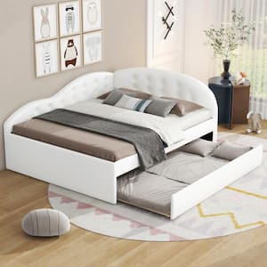 White Wood Frame Full Size PU Leather Upholstered Daybed with Twin Size Trundle, Button-Tufted Cloud-Shaped Guardrail