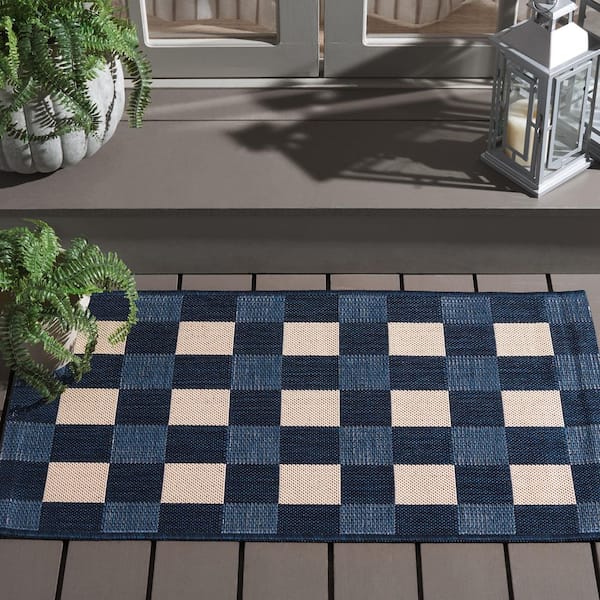 Courtyard Navy/Beige 3 ft. x 3 ft. Plaid Grid Indoor/Outdoor Square Area Rug