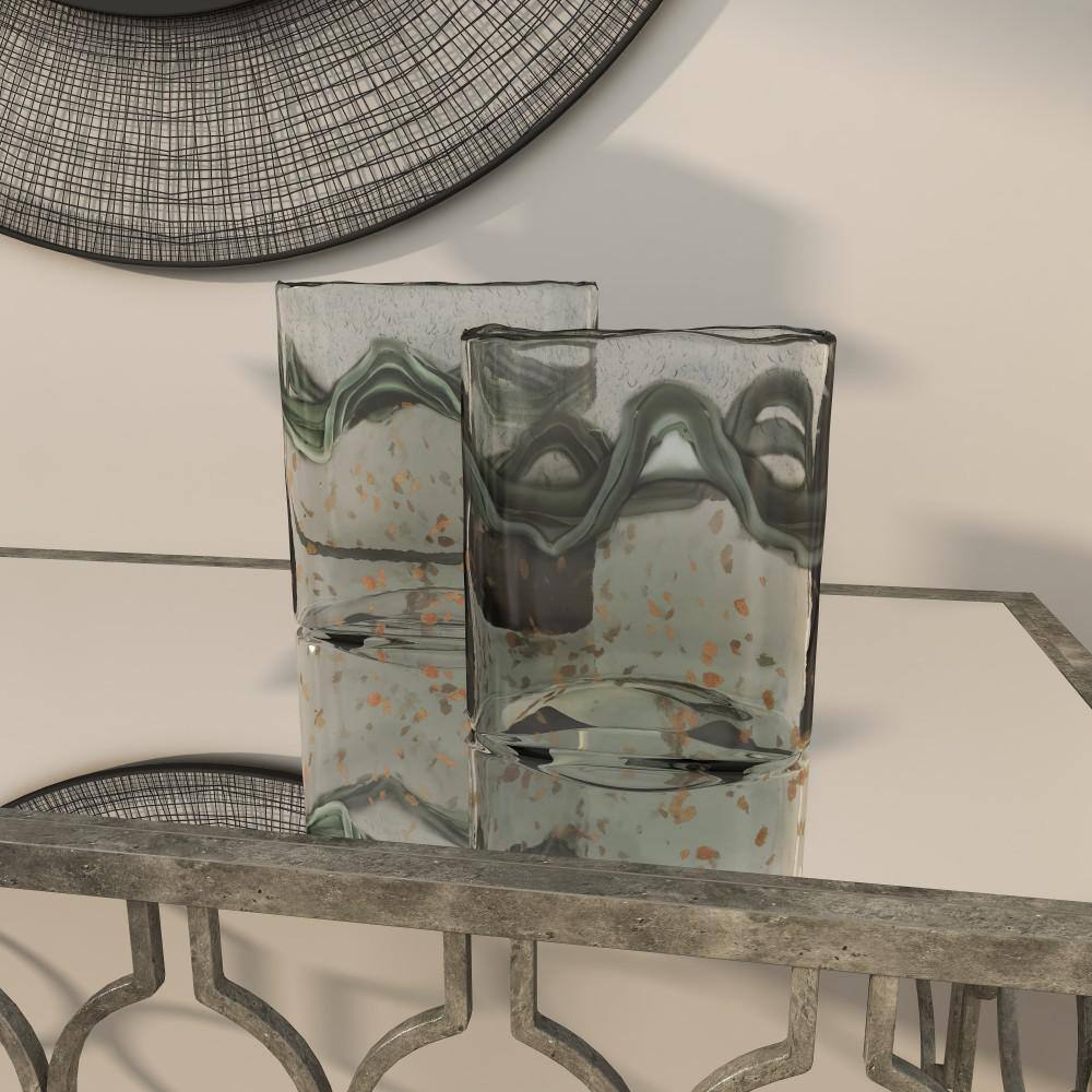 Elegant Gray Glass Vase Duo with Speckled Wave Design