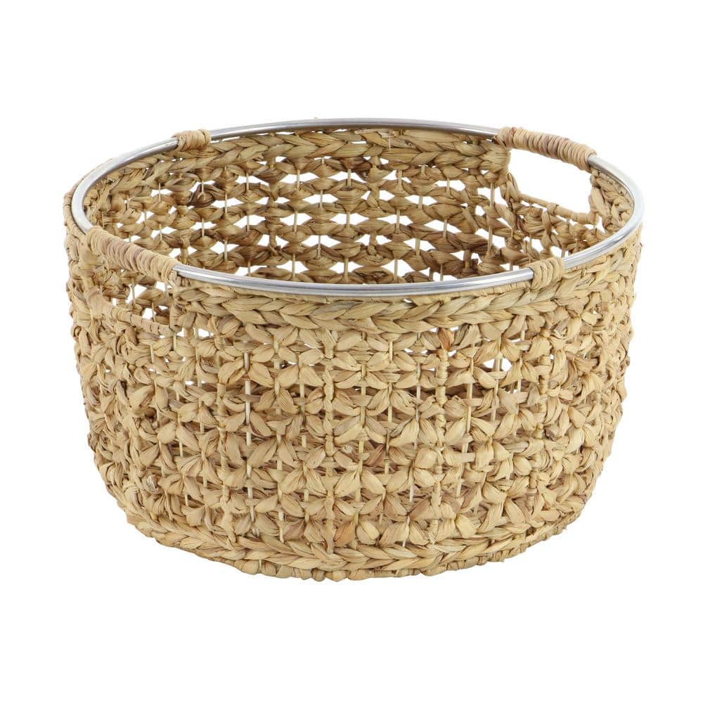 Polished Seagrass Round Storage Basket with Metal Handles