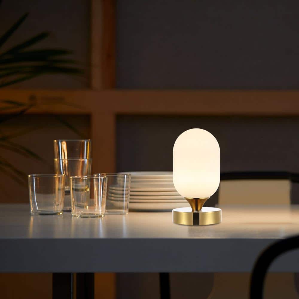 Eli 8" Brass Gold Cordless LED Table Lamp with Frosted Shade