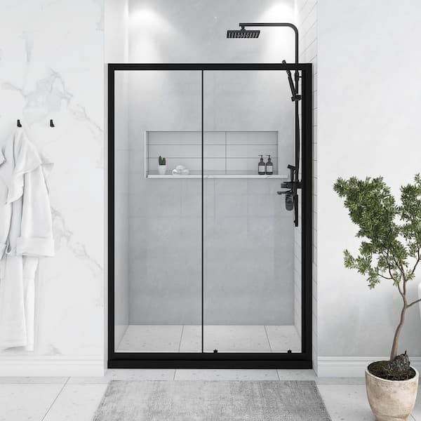 48 in. W x 72 in. H Sliding Framed Shower Door in Matte Black Finish with Clear Tempered Glass