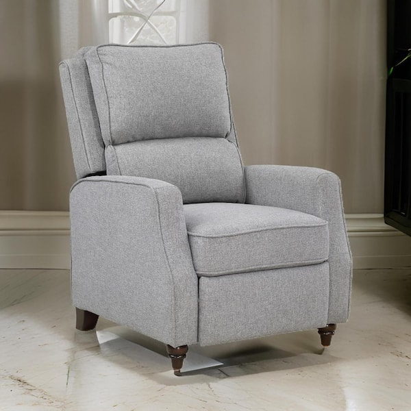 Benjara Gray Polyester Push Back Recliner with Brown Solid Wood