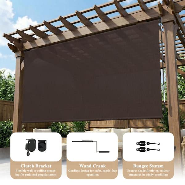 vicllax 9 ft. x 8 ft. Chocolate Outdoor Roller Shade with Hand