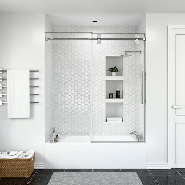 Serena 60 in. W x 66 in. H Sliding Frameless Tub Door in Brushed Nickel with 3/8 in. (10 mm) Tempered Clear Glass