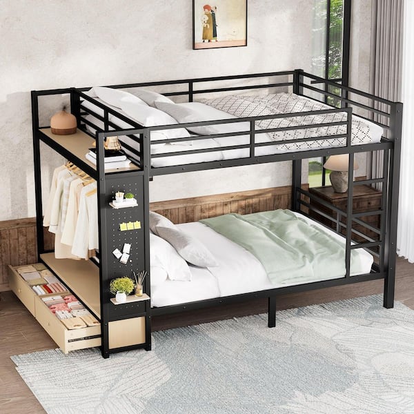 Black MDF+Metal Queen over Queen Bunk Bed with Storage Shelves
