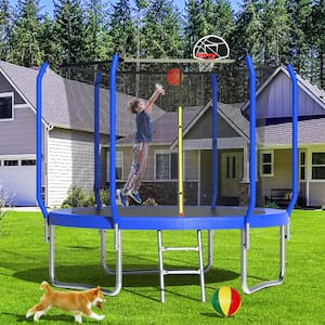 10 ft. Blue Round Outdoor Trampoline with Safety Enclosure and Basketball Hoop
