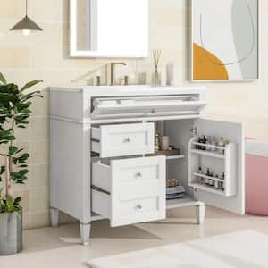 36 in. W x 18 in. D x 34 in. H Bath Vanity in White with White Resin Top Single Sink, 2-Drawers and a Tip-Out Drawer