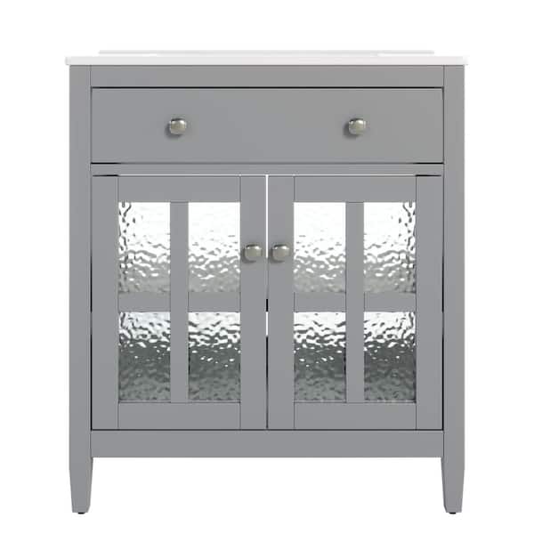 30 in. Gray Wood Rectangle Vessel Sink Bathroom Vanity Combo with Adjustable Shelf and Tip-Out Tray