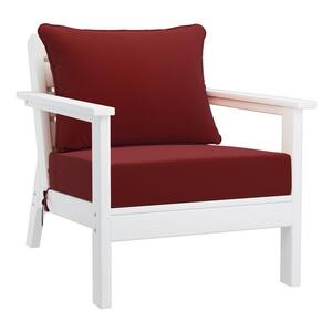 Birchwood Outdoor Patio Deep Seating HDPE Plastic Lounge Chair in White with Red Cushions