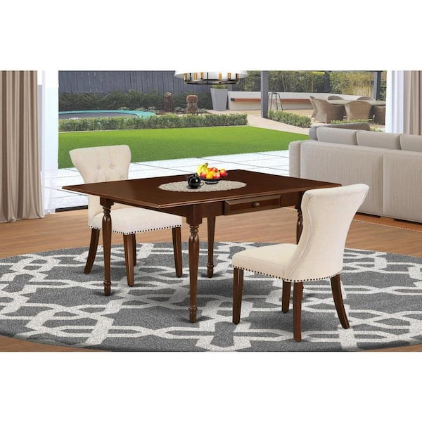 East West Furniture 3-Piece Mahogany Finish Rectangular Solid Wood Top With Dropleaf Dining Table Set