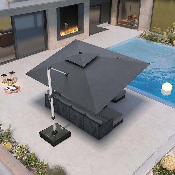 9 ft. x 12 ft. Sunbrella Aluminum 360° Rotation Silvery Cantilever Outdoor Patio Umbrella with Base in Gray