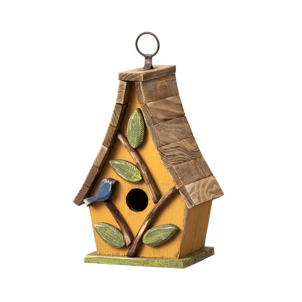 Glitzhome 9.5 in.H Washed Yellow Distressed Solid Wood Garden Birdhouse with Natural Wood Pallet Roof
