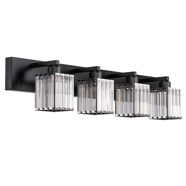 32 in. 4-Light Modern Crystal Bathroom Vanity Light Fixture, Black Finish with Clear Glass Shades