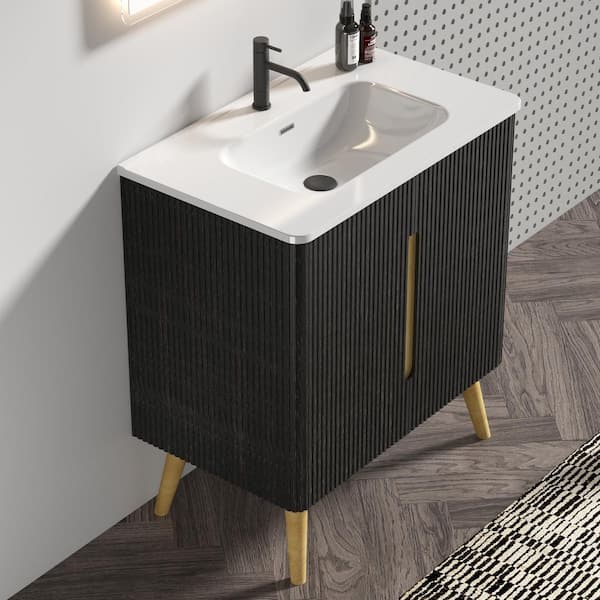 30 in. W Single Sink Freestanding Bath Vanity in Black with White Ceramic Top, 4-Soild Wood Legs