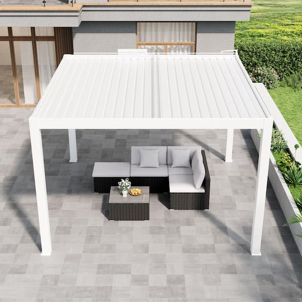 13 ft. x 13 ft. Ivory Aluminum Patio Pergola with Built-In Solar Panel, Ceiling Fan and Round LED Light