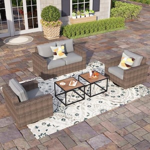 Brown Rattan Wicker 4 Seat 5-Piece Steel Outdoor Patio Conversation Set with Grey Cushions and 2 Swivel Rocking Chairs