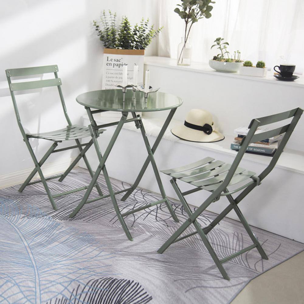 Leisurely 3-Piece Foldable Metal Outdoor Patio Bistro Set in Dark Green wit