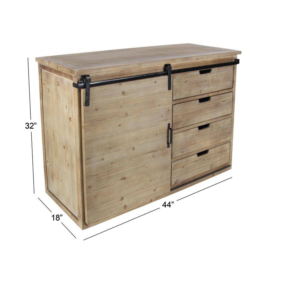 Brown Fir Wood Rustic Cabinet with Drawers and Sliding Door
