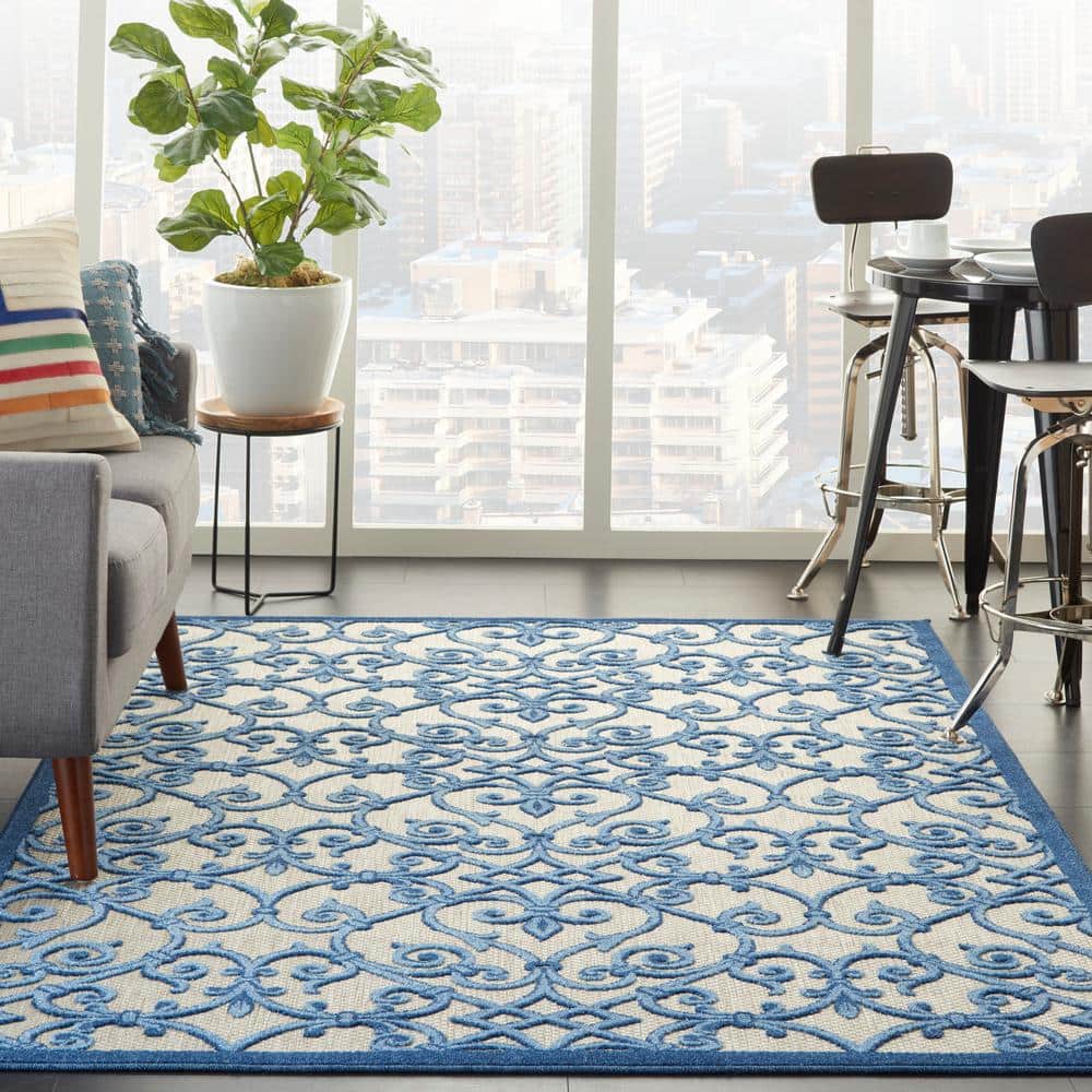 Aloha Contemporary Scroll 5'3" Round Blue/Grey Outdoor Rug