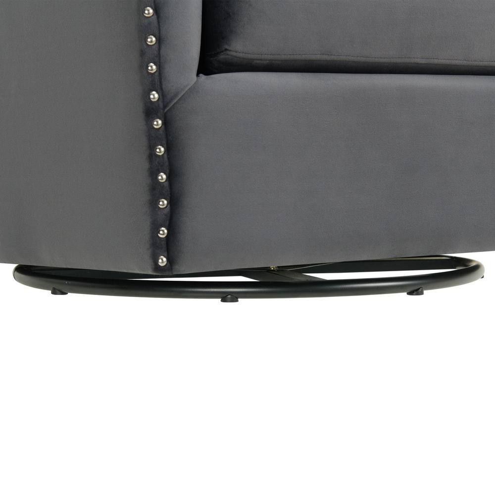 Gray Velvet Barrel Swivel Chair with Chrome Nail Head Trim