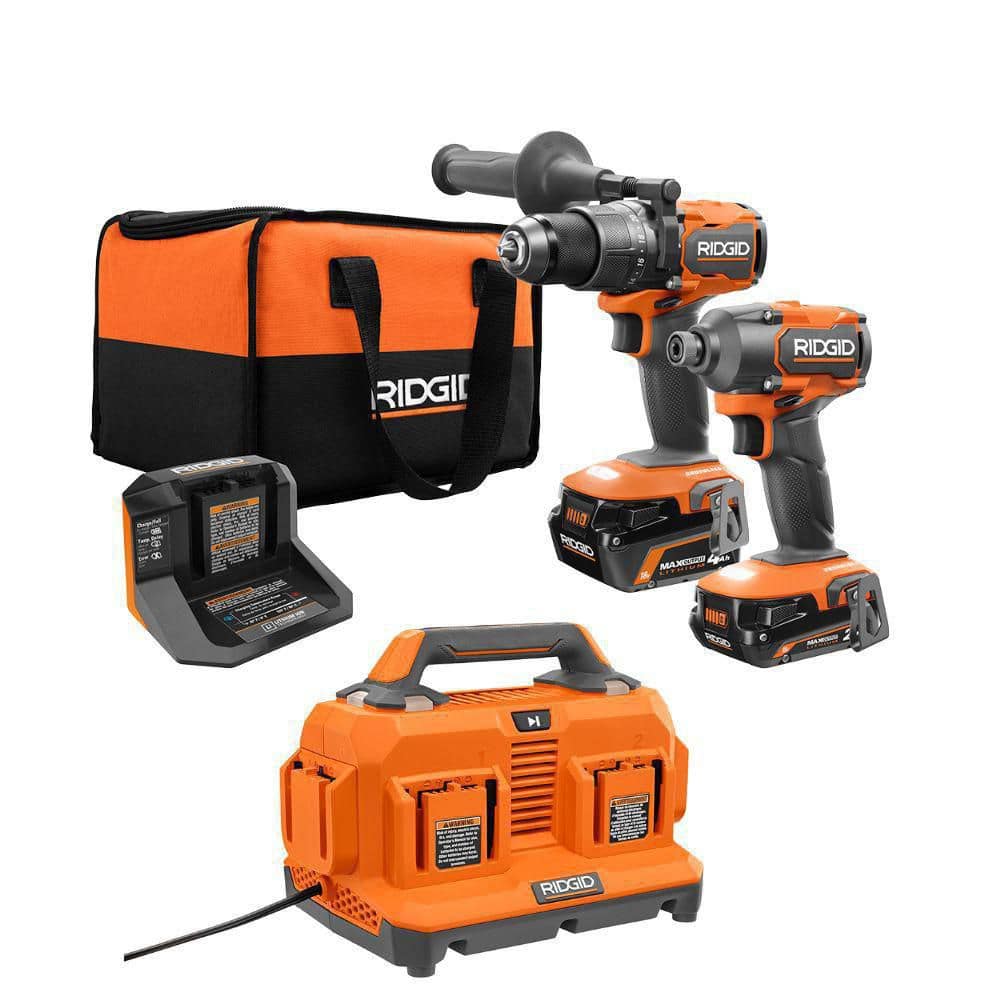 RIDGID 18V Brushless Cordless 2-Tool Combo Kit w/ (2) Batteries, Charger, Bag, & 6-Port Charger (R9208R86096)