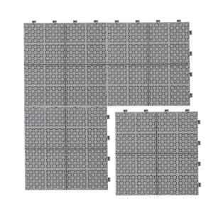 Gray 12 in. x 12 in. x 0.43 in. Thick Plastic Interlocking Deck Tiles Rosette Pattern Anti-Slip 12 sq. ft. (12-Pack)