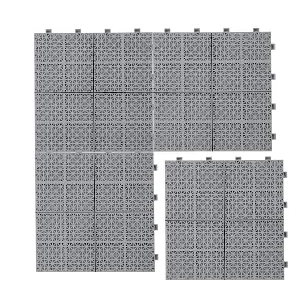 Gray 12 in. x 12 in. x 0.43 in. Thick Plastic Interlocking Deck Tiles Rosette Pattern Anti-Slip 12 sq. ft. (12-Pack)
