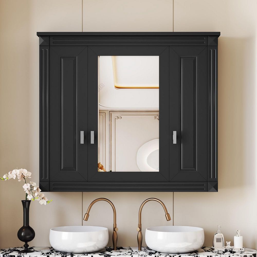 35 in. W x 28.74 in. H Rectangular Medicine Cabinet with Mirror in Black, Surface Mount Medicine Cabinet price history on PriceWatchPro