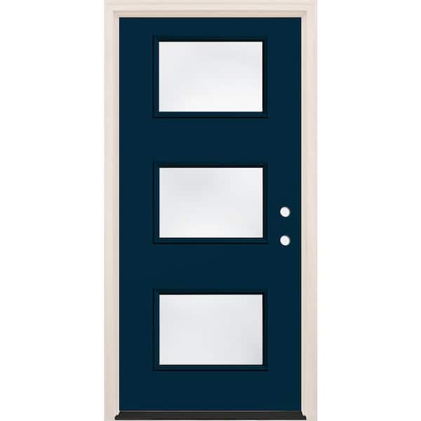 Builders Choice 36 in. x 80 in. Left-Hand/Inswing 3-Lite Clear Glass Indigo Painted Fiberglass Prehung Front Door w/4-9/16 in. Frame