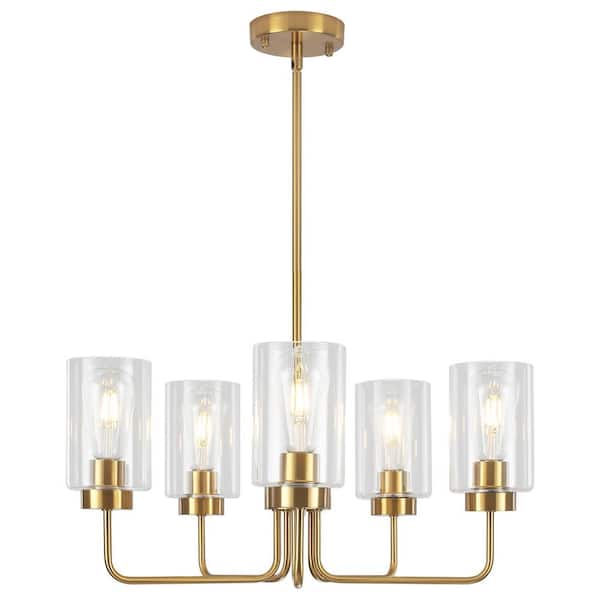 22 in.  5-Light Gold Contemporary Transitional Chandelier with Clear Glass Shade for Dining Room