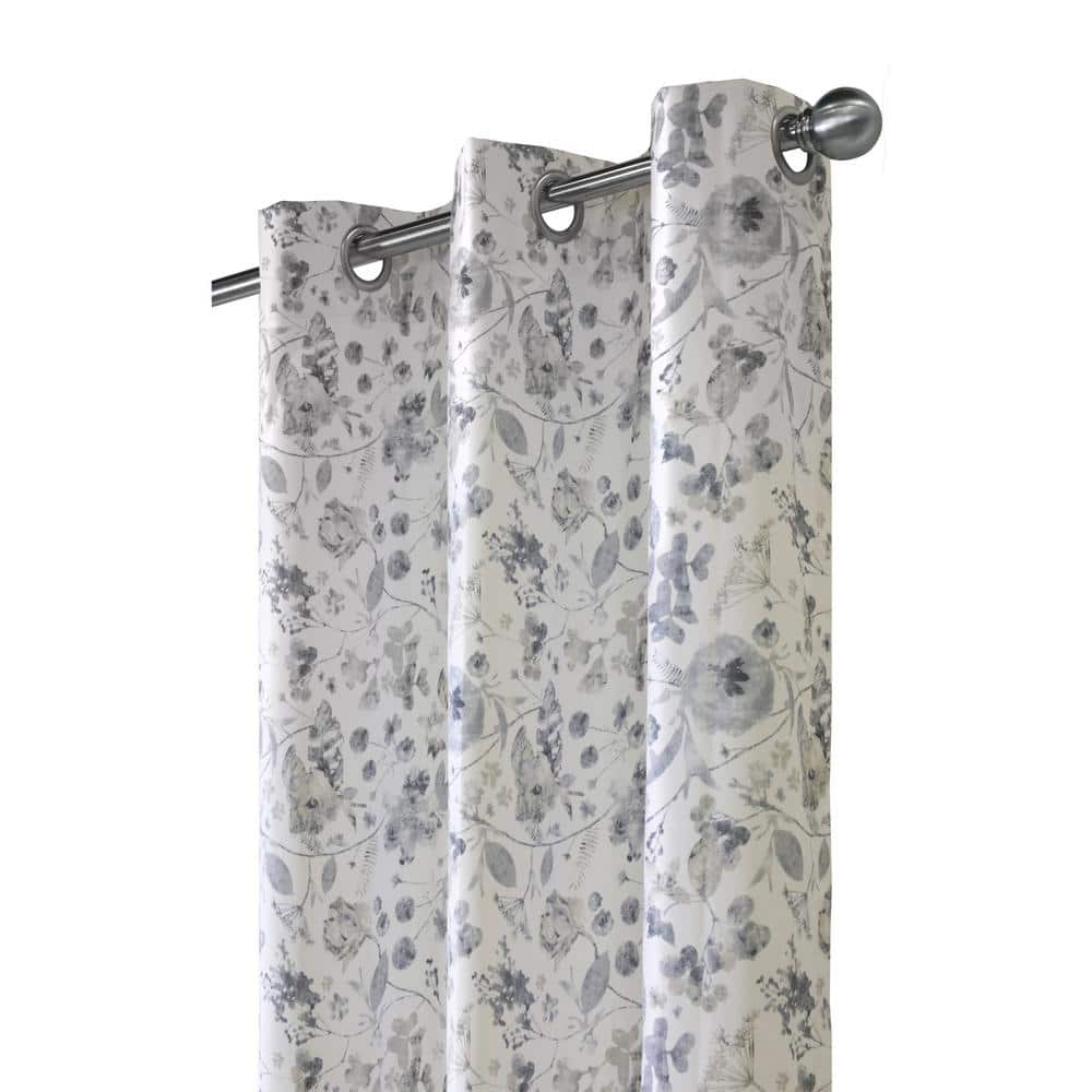 Flora Silver and Blue Polyester Blackout Grommet Curtain Panel 52" x 84"