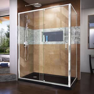Flex 60 in. W x 36 in. D x 74.75 in. Framed Pivot Shower Enclosure in Chrome with Left Drain Black Acrylic Base Kit