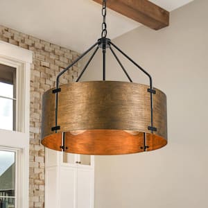 22.05 in. 4-Light Rustic Antique Bronze Drum Pendant Light