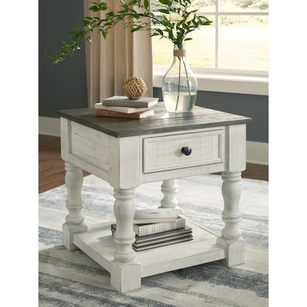 Signature DESIGN BY ASHLEY Havalance 25 in. White/ Gray Squre Wood End Table with Drawer and Lower Shelf