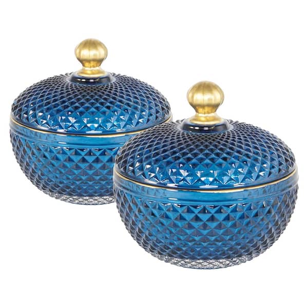Unbranded High-End Finish Oval Blue Glass Candy Jar with Lid (Set of 2)