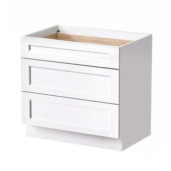 36 in. W x 24 in. D x 34.5 in. H Ready to Assemble Plywood Shaker Drawer Base Kitchen Cabinet in White with Soft Close