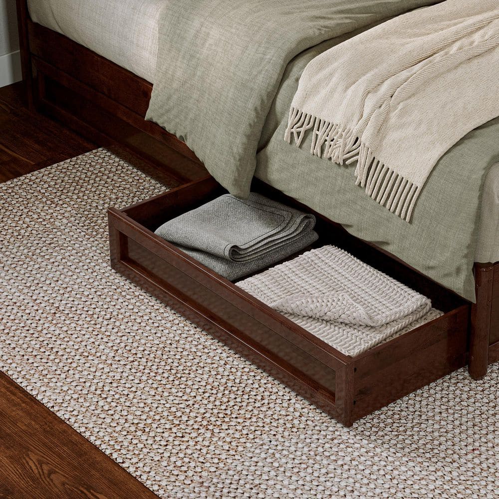 Walnut King Platform Bed with Storage Drawers and Wood Headboard