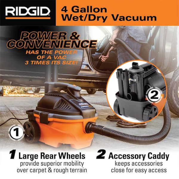 4 Gallon 5.0 Peak HP Portable Wet/Dry Shop Vacuum with Fine Dust Filter,  Locking Hose and Accessories