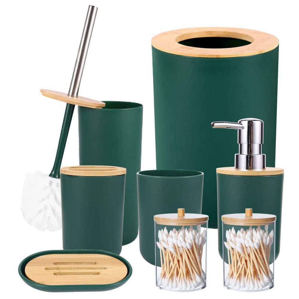 Dyiom Bathroom Accessories Set - with Trash Can Toothbrush Holder Soap Dispenser Soap and Lotion Set Tumbler Cup 8-Pieces, Dark Green