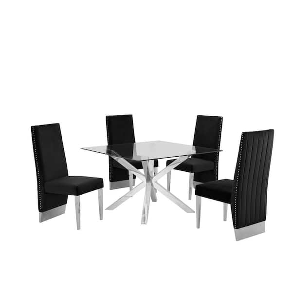 Best Quality Furniture Anitta 5-Piece Square Glass Top With Stainless Steel Base Table Set With 4 Black Velvet Chair With Nail Head Trim